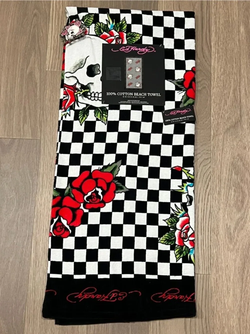 ED HARDY 36x68 Cotton Beach Towel Lot California Girls Pinup Checkered Skull Y2K
